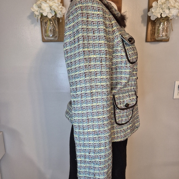 Tape Measure Faux Fur Collar Tweed Jacket - Picture 3 of 8